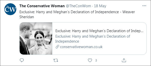 В последние несколько дней публикации юмористических эссе о герцогах Сассекских на независимых площадках участились. Анонс из твиттера журнала The Conservative Woman (https://twitter.com/TheConWom)