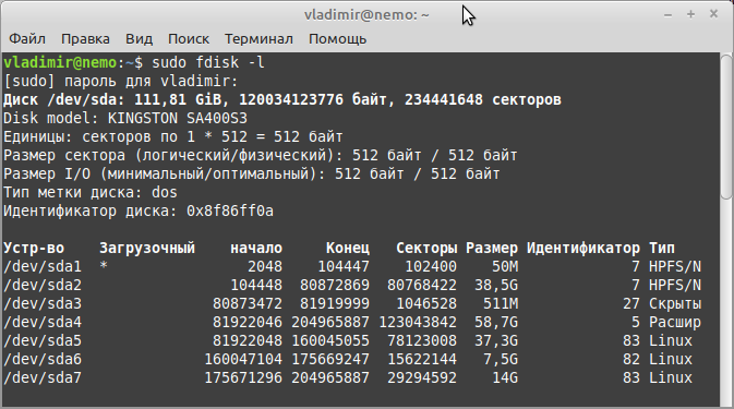 Результат выполнения команды sudo fdisk -l