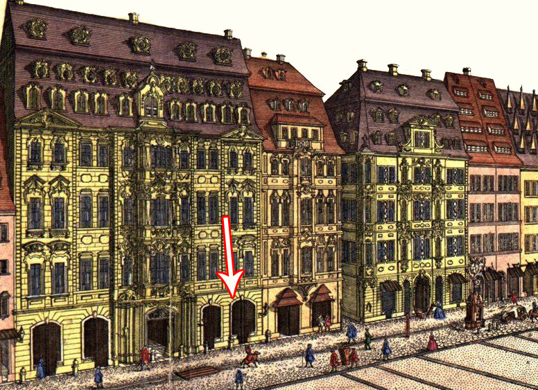 Стрелкой отмечены два окна кофейного дома Циммермана в Лейпциге. Рисунок — Георг Шрайбер, XVIII век.