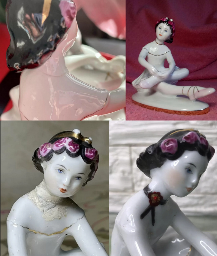 "Балерины Дашеньки" ("Юная балерина" от того же ЛФЗ). Так же оторванная голова с попытками реставрации. Жалкое зрелище! Все фото для этого коллажа взяты из свободного доступа в интернете.