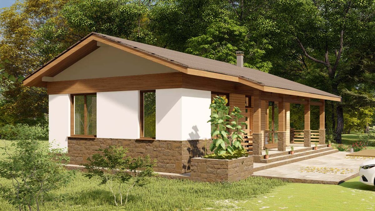 Фасад стилизовали в современном стиле, скомбинировав штукатурку, планкен и камень