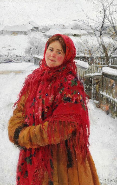 Русская женщина в красном платке на фоне пейзажа. 1923 год. Федот Сычков. 
