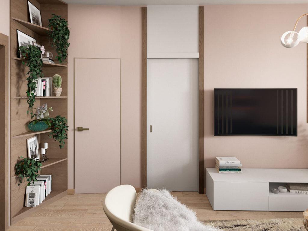 Зеленый, серый и много дерева. Современный интерьер трехкомнатная квартиры