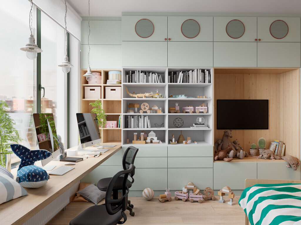 Зеленый, серый и много дерева. Современный интерьер трехкомнатная квартиры