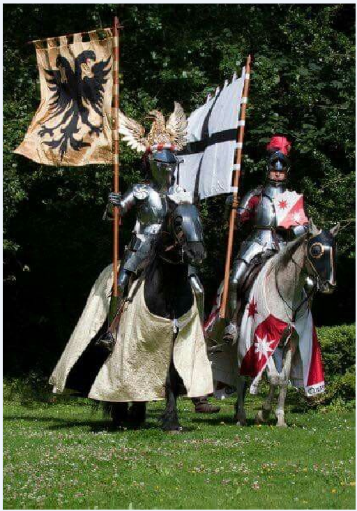 Австрийские рыцари с баннером.  Герб герцога Габсбурга 