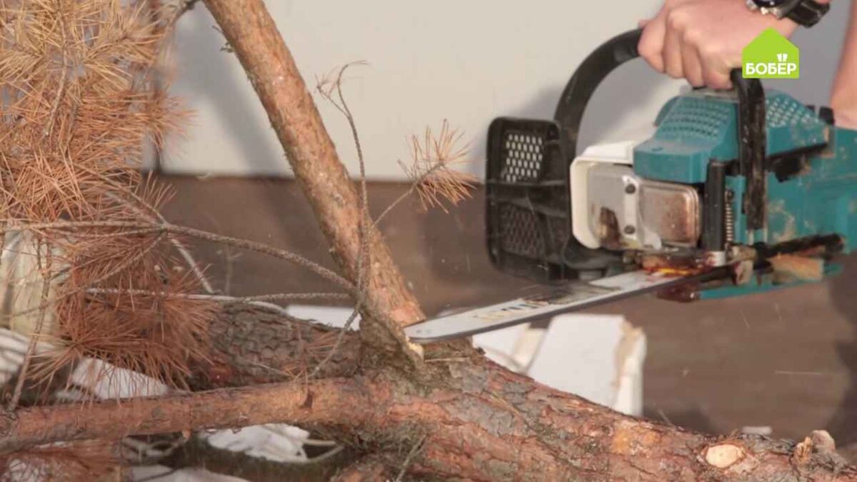 При помощи бензопилы удалите лишние ветви, оставив одну, к которой будет крепиться плафон .