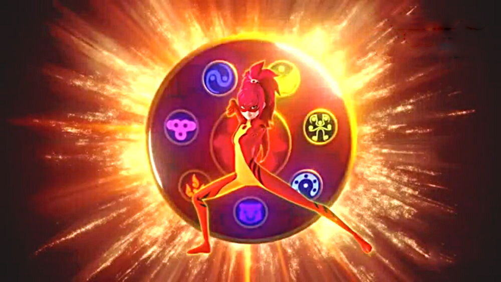 Новая супергероиня Леди Дракон. На фоне - медальон с квами.