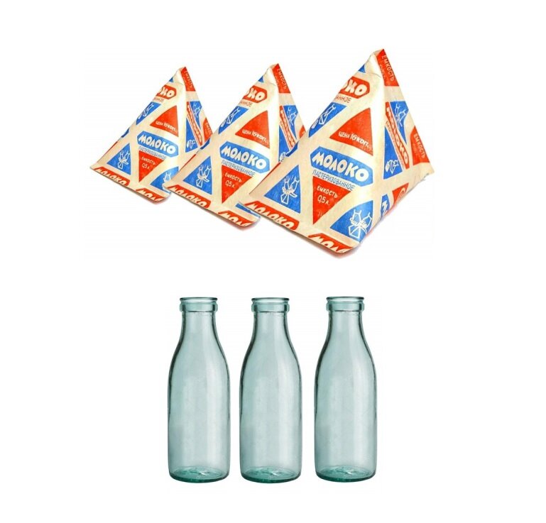 Молоко в треугольных пакетах, кефир в стеклянной бутылке
