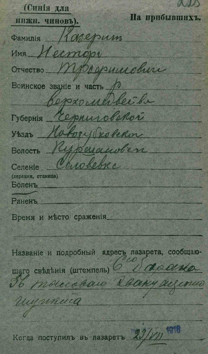 1916 год, Карточка госпиталя, Казорин Нестер Трофимович