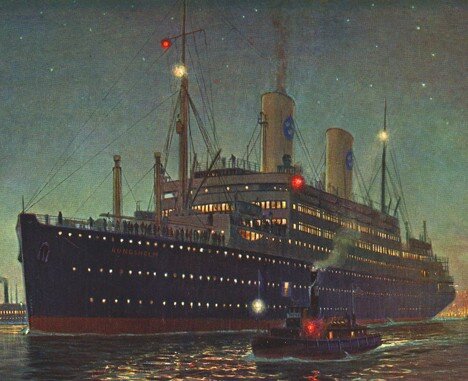 Лайнер Kungsholm, пр-во Гамбург, Германия, компания Svenska Amerika Linjen, Швеция, длина - 181.32м., водоизмещение - 21250т., макс. кол-во пассажиров - 1428