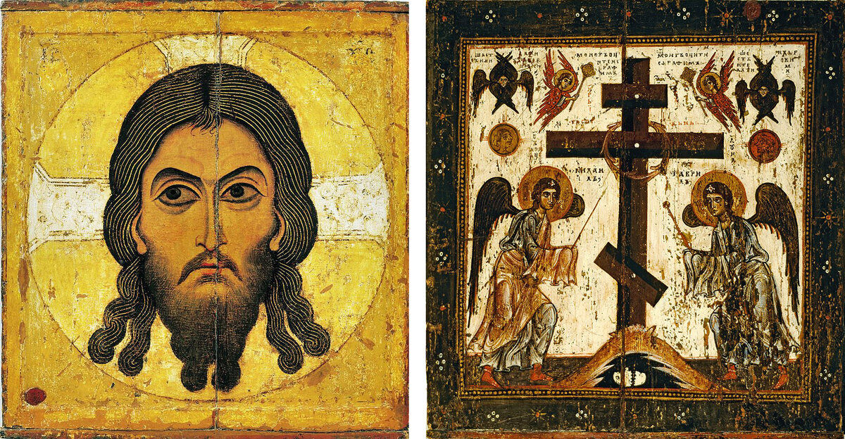Спас Нерукотворный. На обороте: Прославление креста. Вторая половина XII века. Новгород. Доска, темпера. 77х71