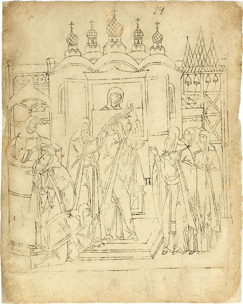 ЯВЛЕНИЕ ИКОНЫ БОГОМАТЕРИ ТИХВИНСКОЙ РЫБАКАМ (СЦЕНА ИЗ СКАЗАНИЯ ОБ ИКОНЕ БОГОМАТЕРИ ТИХВИНСКОЙ) Последняя треть XVII века. Бумага, сажа, припорох, свинцовый карандаш, прорисовка. Прямой перевод. 25,7 × 20,3 см. Происходит из коллекции Г.В. Жидкова. Собрание Музея имени Андрея Рублева