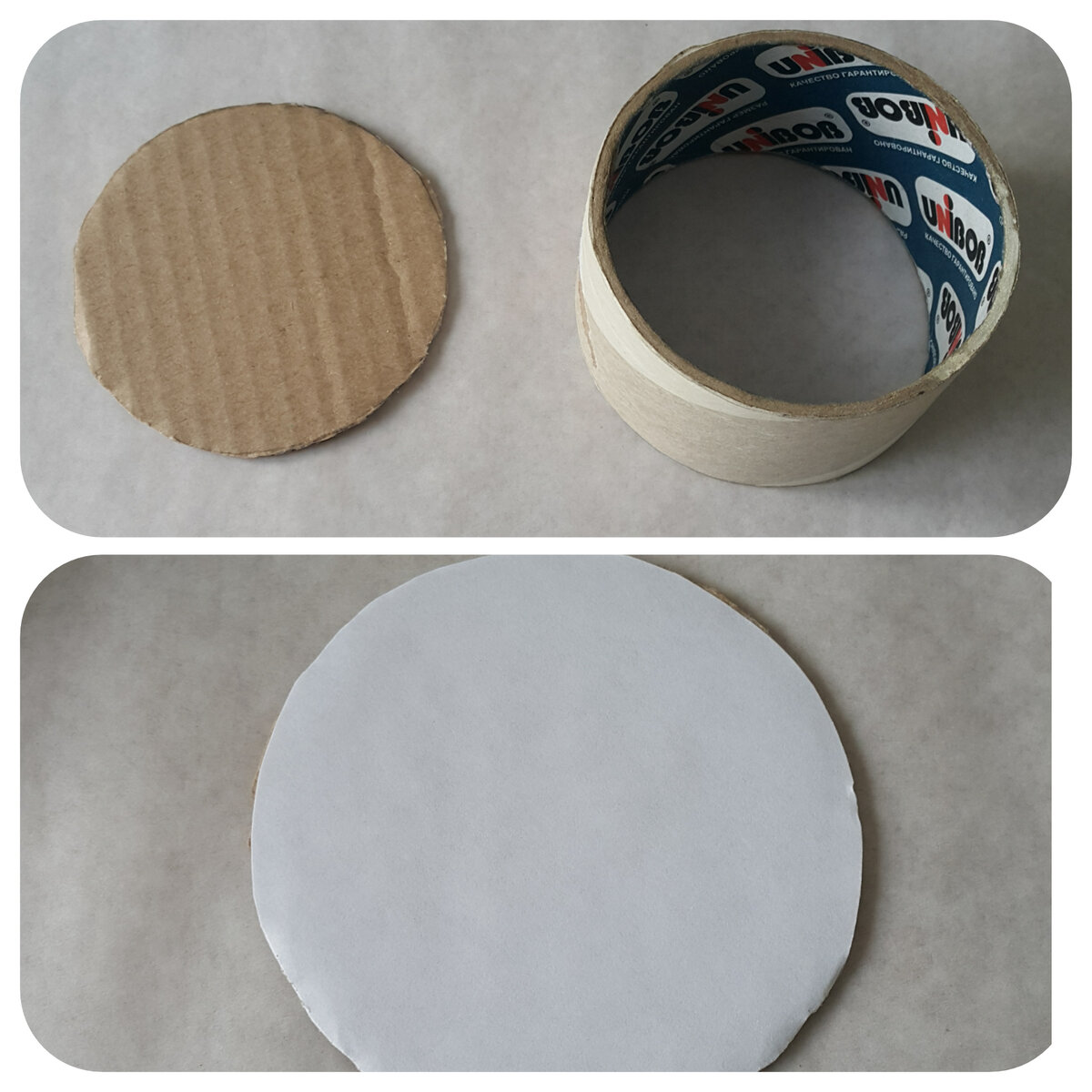 Из картона вырезаем круг и делаем дно для втулки. Круг оклеиваем белой бумагой