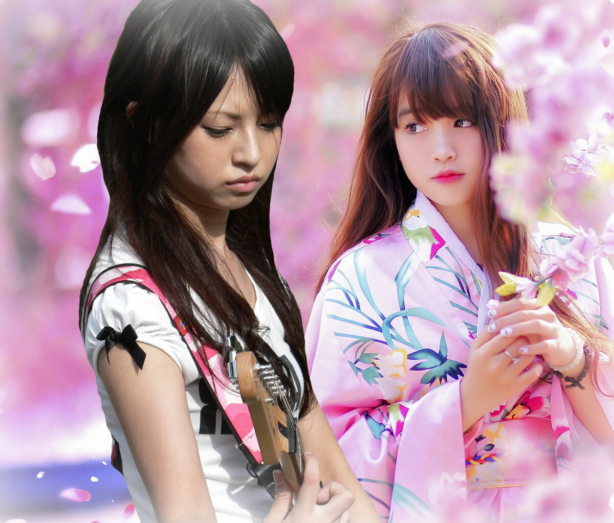 Японка весной слушает, как другая японка напевает "весна, а я опять одна" [фотоколлаж автора]