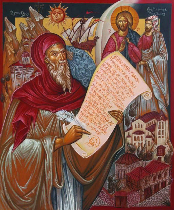 Автор иконописного изображения - современный сербский художник Деян Манделц. Название иконы - " Дионисий из Фурны, пишущий сборник наставлений по иконописи" (2012).