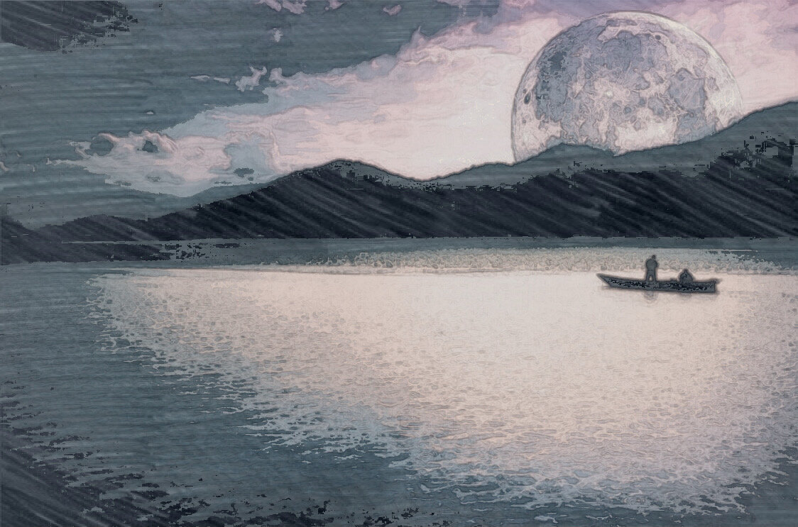 ...Маленькие судёнышки рыбаков, словно игрушечные качались на волнах были видны лишь еле видимыми силуэтами. Но это те, кто был подальше. А те судёнышки, что были ближе, выглядели более отчётливо, даже было видно самих рыбаков, и огонёк их тлеющих сигар.