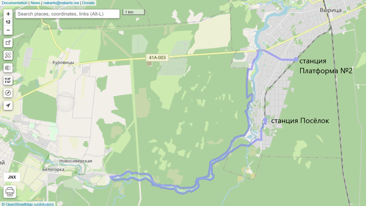 Вариант двухдневного маршрута на 24 километра. Старт с Платформы №2, финиш в Посёлке © Участники OpenStreetMap
