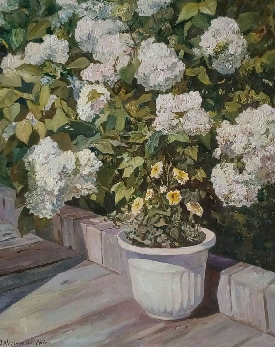 Фотография картины О. Мельниковой "Гортензии" (из открытых источников)