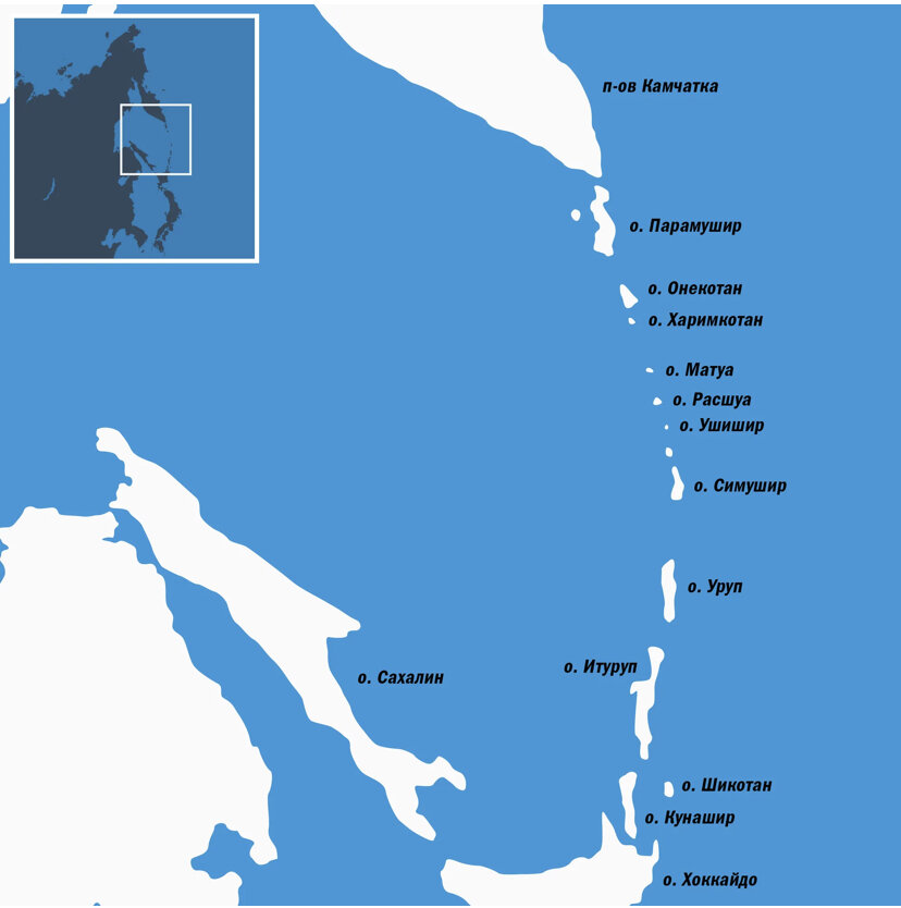 Карта курильских островов с названиями населенных пунктов