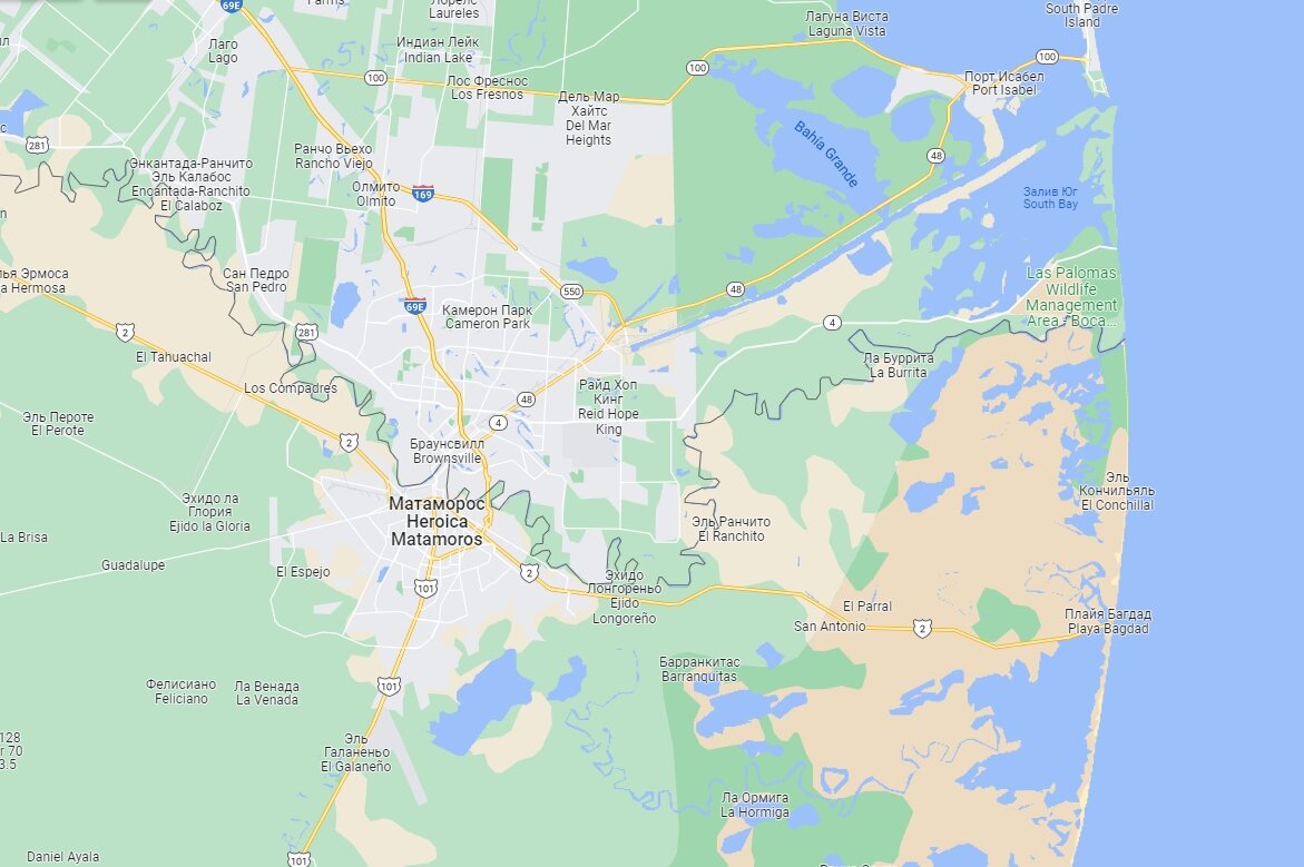  Город Браунсвилл на юге штата Техас, с ним граничит мексиканский город Матаморос, карты Google