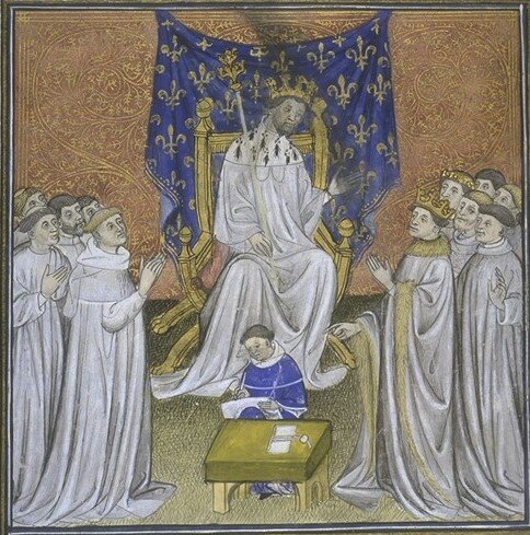 Дагобер делит государство с братом Харибертом. Национальная библиотека Франции. Хариберт прожил недолго, но брата в его смерти не подозревают.