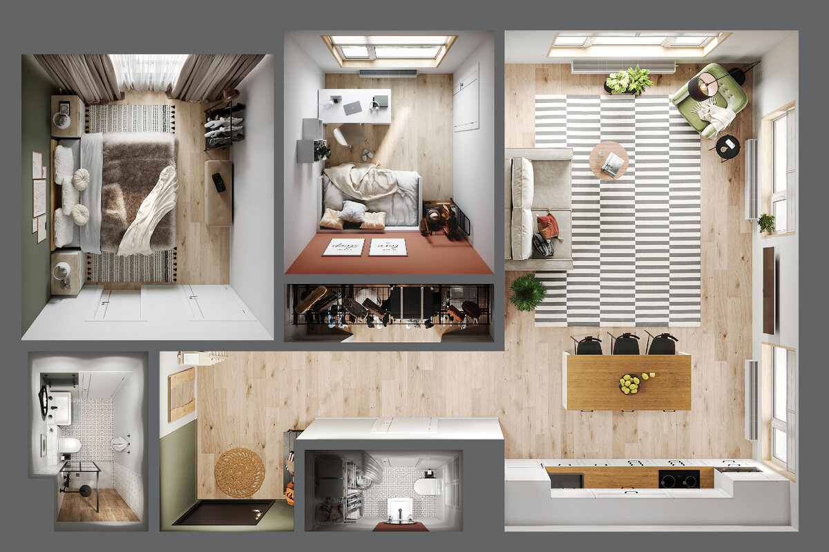 Мой проект квартиры с мастер-спальней, кухней-гостиной с островом, постирочной, гардеробной и т.д.