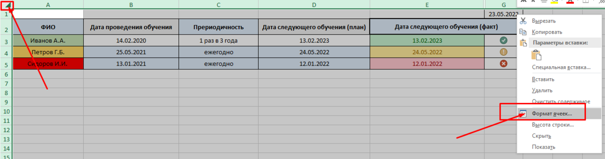Формат ячеек
