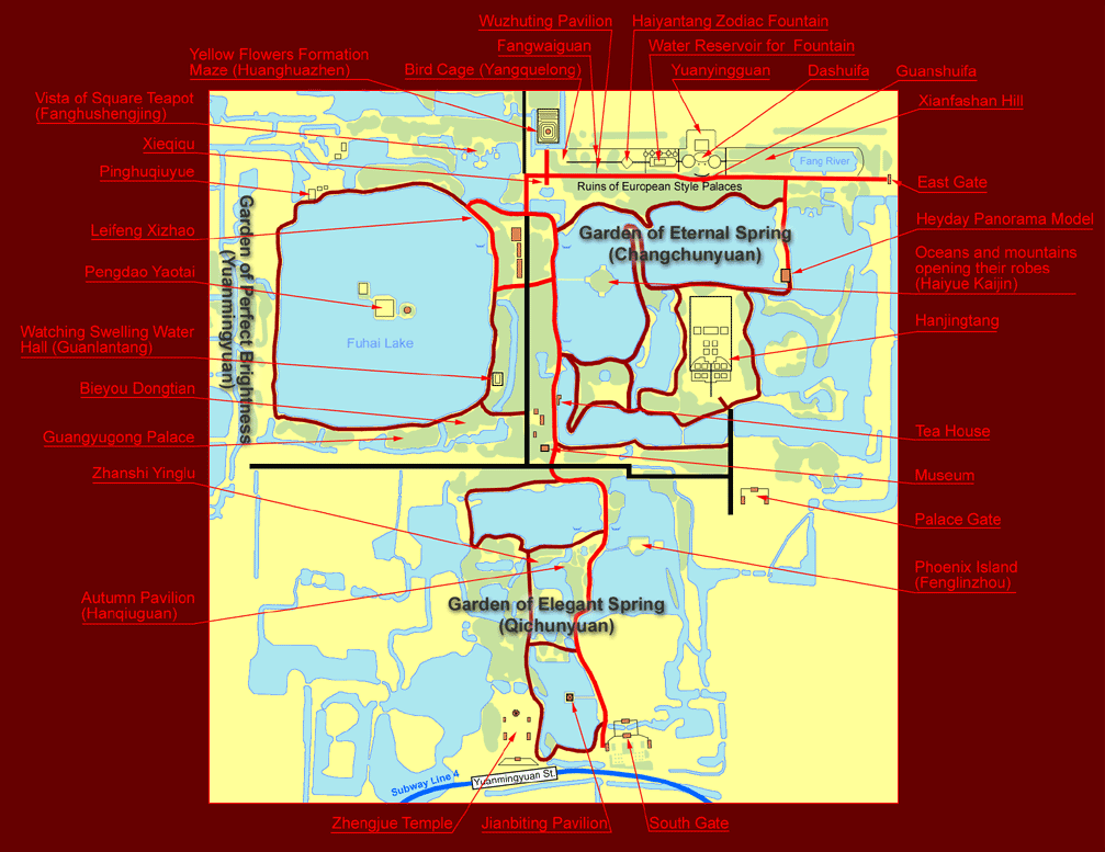  
Народу здесь значительно меньше, чем в Летнем дворце, хотя в начале парка тоже немало.
План парка с сайта http://beijing.roadplanner.ru/

