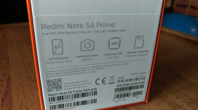 Задняя часть упаковки Redmi Note 5A Prime
