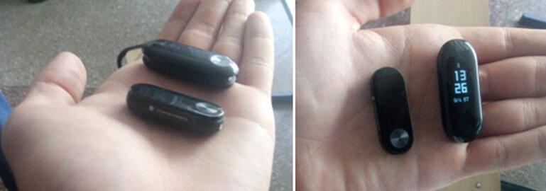 Третье поколение ми бэнда по габаритам больше, на фотографии слева у Mi Band 3 включенный экран      