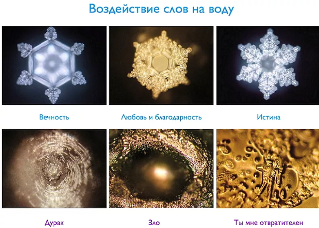 Пример изменения структуры воды под воздействием внешних факторов, таких как слова и мысли