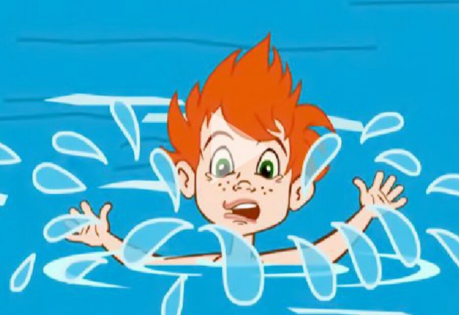 We can t swim. Мальчик на воде мультяшный. Мультяшные тонущие дети.