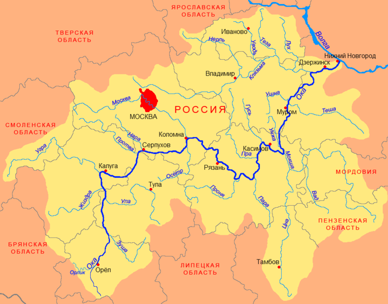 Карта бассейна реки Оки, который отчасти совпадает с территорией Мещёры. 