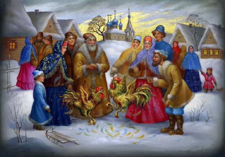Федоскинская миниатюра "Петушиный бой"