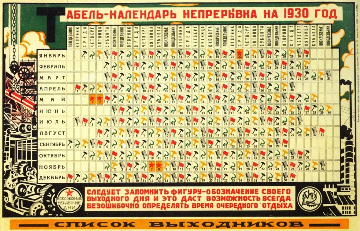 Советский календарь 1930 года с пятидневной рабочей неделей найден в Российской государственной библиотеке в Москве. (Фото: Fine Art Images / Наследие изображений / Getty Images)