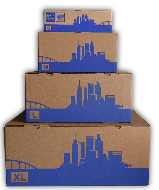 Взято с http://spb-korobki.ru.  Обратите внимание, что в почтовых отделениях обычно есть только коробки S и XL, иногда бывают L.  И это не дешевые варианты.