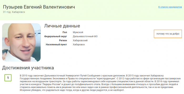 Скриншот страницы Евгения Пузырева на проекте «Лидеры России. Политика» 
