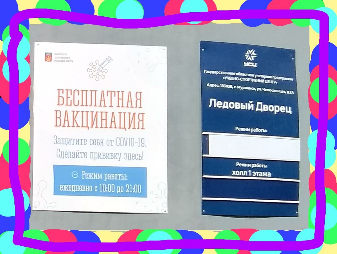 Вывеска на вакцинацию в Ледовом Дворце. Видно как выглядит этот вирус и куда его нужно колоть.