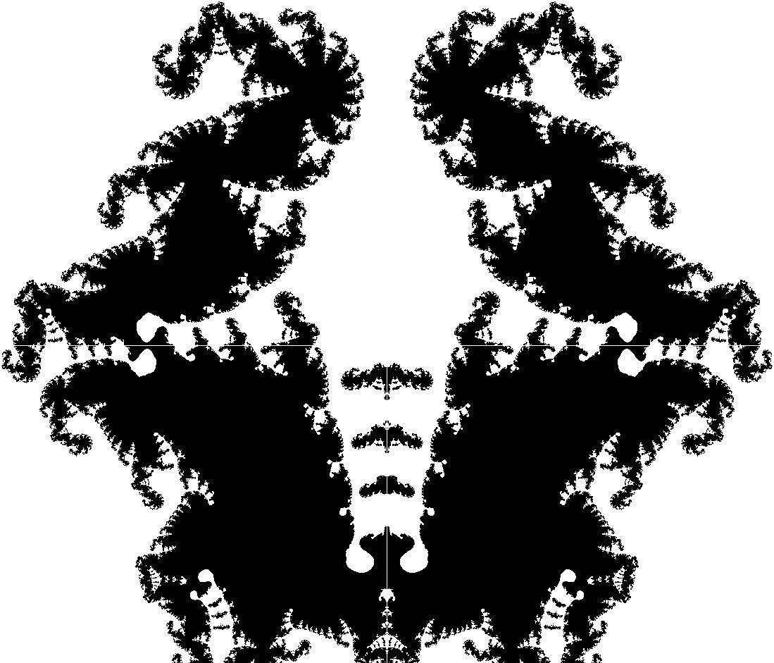 Множество Мандельброта, нарисованное лет 20 назад по формуле корень седьмой степени от дробно-рациональной функции, давно забыл какой именно, пытался восстановить (нарисовать ещё раз), не получилось...