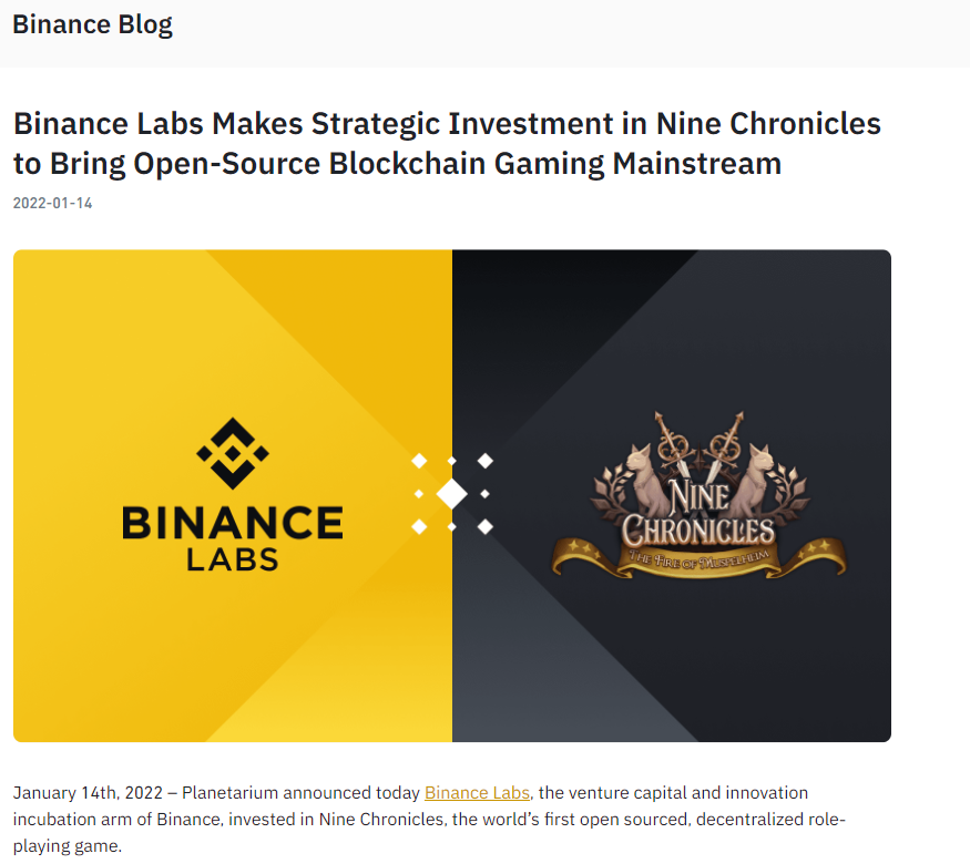 Кстати (14.01.2022) игра встала под крыло Binance!