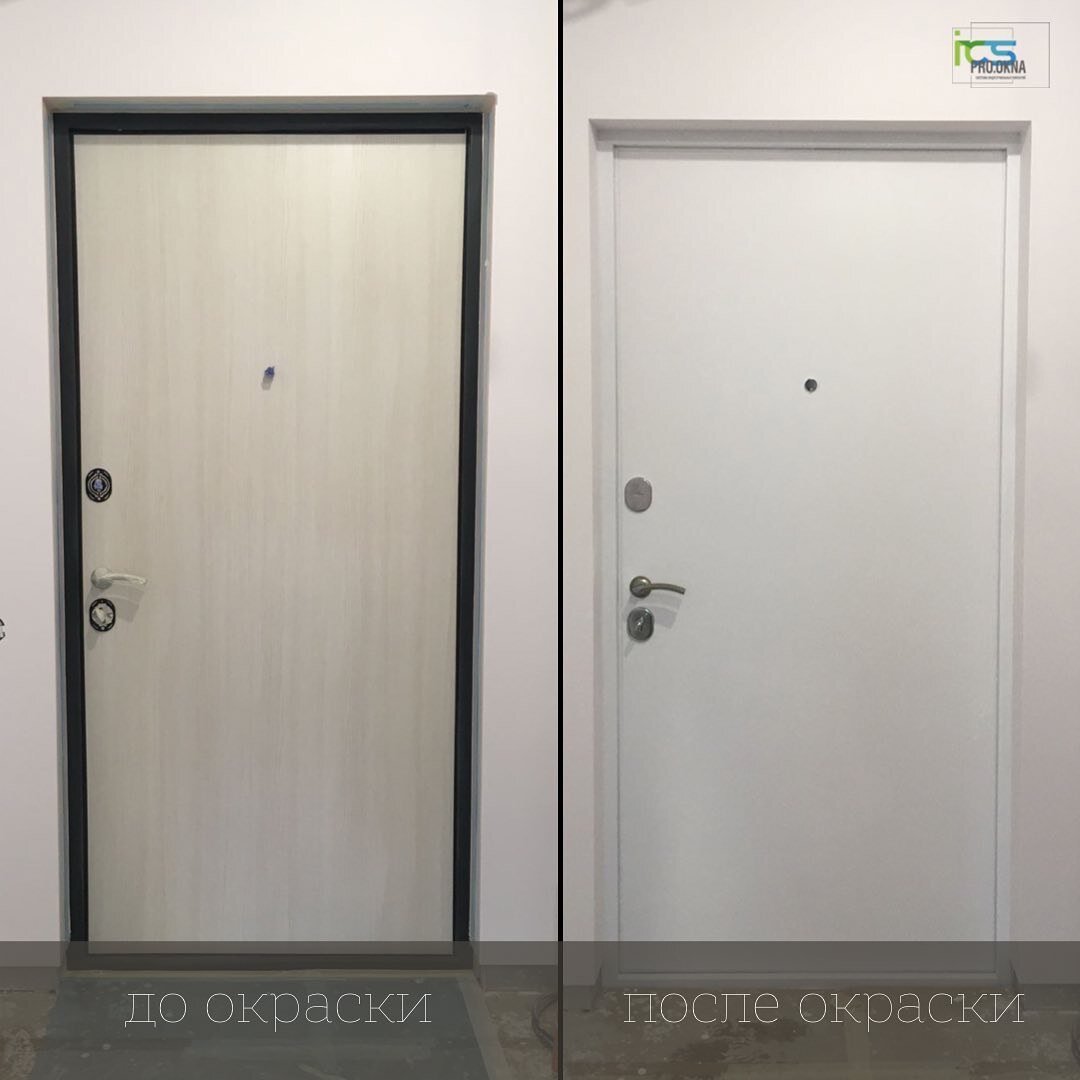 Входная дверь до и после объектовой покраски в цвет стен