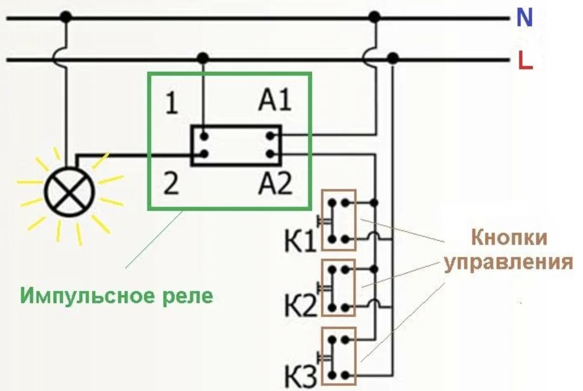 Импульсное реле для управления освещением. Импульсный проходной выключатель света схема подключения. Схема подключения кнопки через импульсное реле. Схема подключения импульсного реле с кнопками. Импульсное реле для управления освещением схема.