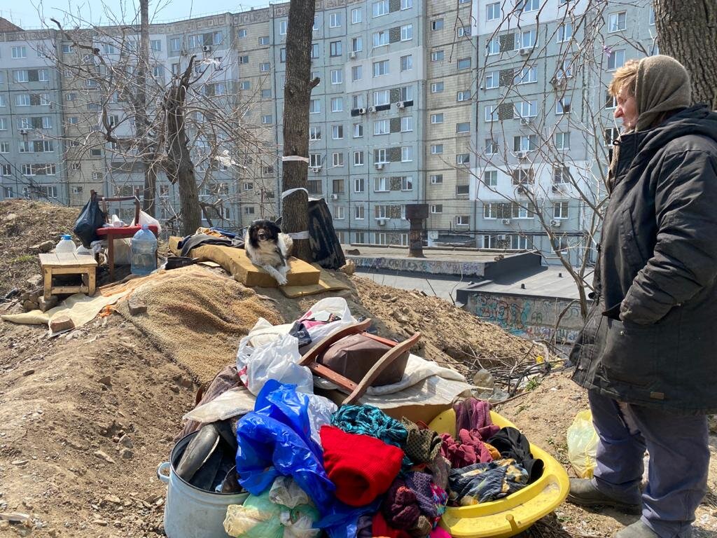 С кошкой и собакой под боком: женщина ночует на улице в центре Владивостока  | VladNews | Дзен