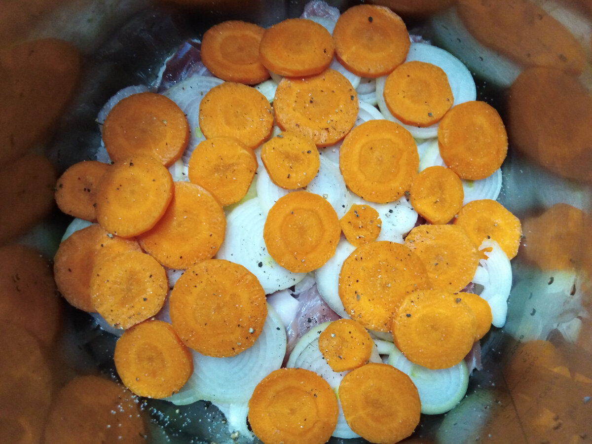 Выложить слоями куски мяса, лук кольцами, морковь кружками. Чуть-чуть присолить, поперчить.