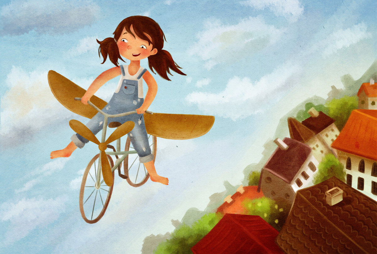 Девочка на летающем велосипеде
