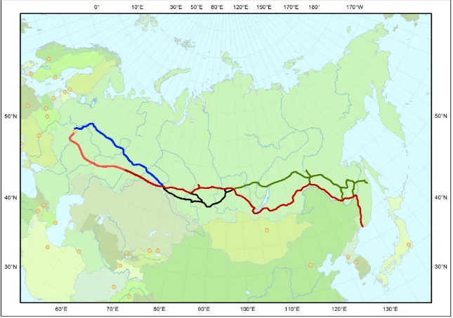 Байкало-Амурская магистраль выделена зелёным цветом