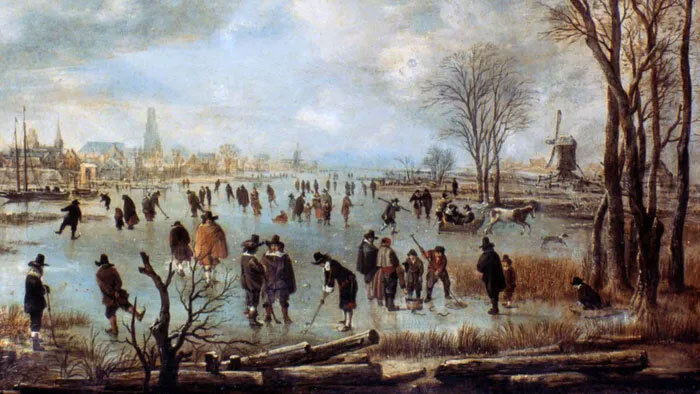 
Зимняя речная сцена с фигуристами, конными экипажами и хоккеистами. (Изображение: Гетти)