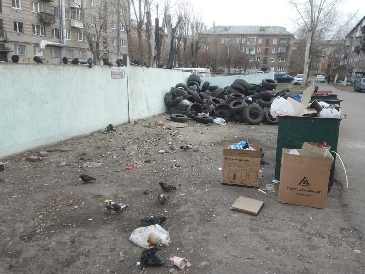     На снимке видно, что некторые покрышки уже успели послужить клумбами в местных дворах