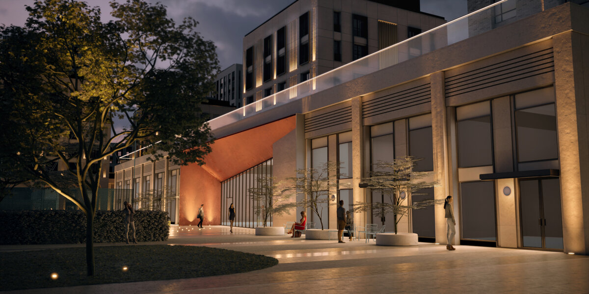 Концепция освещения территории жилого микрорайона ШАГАЛ, очередь 3.1 (визуализация вечернего вида главной общественной площади Community Plaza)