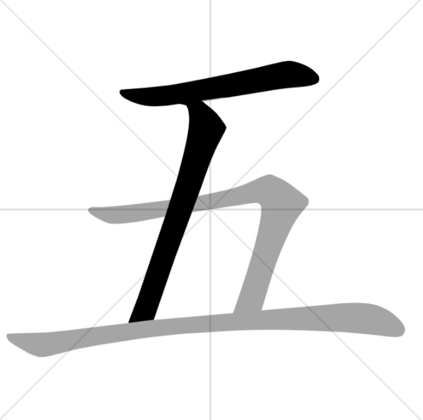 Написание числа "пять"  словом на китайском от руки. Шаг 2.